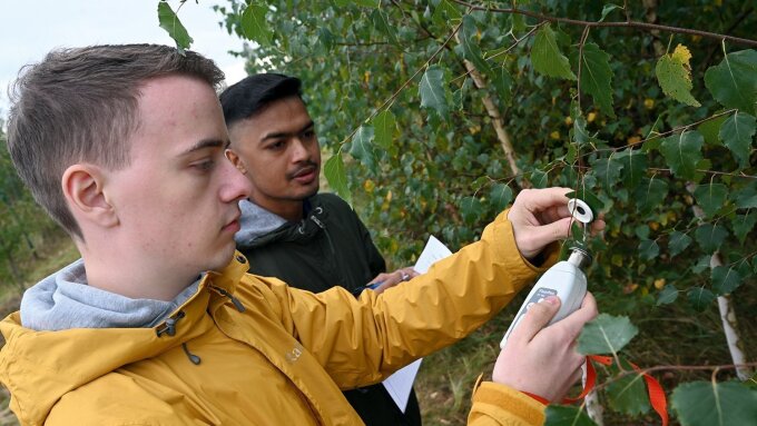 »Leafclips« are used by the students Valentin Kurbel (left) and Hossain Mohammad to measure the vitality of the trees planted in the former mining area.
