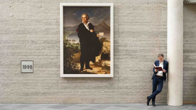 Romantiker in der Thüringer Universitäts- und Landesbibliothek (ThULB): Johann Wolfgang Goethe (l.) auf einem Gemälde von Heinrich Christoph Kolbe (1771-1836) aus dem Jahr 1822 und Stefan Matuschek lesend.