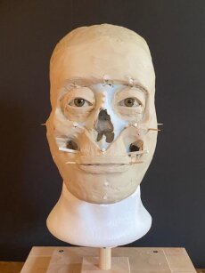 The facial features are modelled with layers of plasticine.