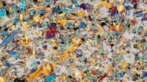 Auf dieser polarisationsoptischen Aufnahme des Marsmeteoriten »Zagami« leuchten kristalline Minerale als farbige Bestandteile im homogen grauen Glas.