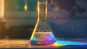 Chemical glass flask with a transparent liquid and light effects