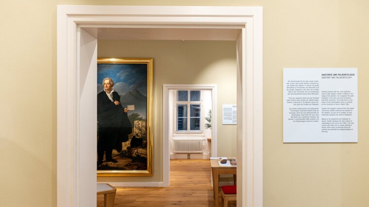 A look inside the exhibition; through the door on the left the painting »Goethe as a Poet and Artist in front of Mount Vesuvius« by Heinrich Christoph Kolbe, which dates back to 1826, can be seen.