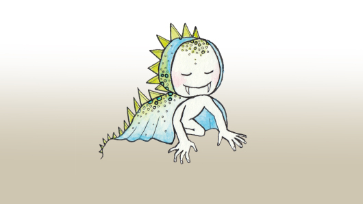 A small figure crouches on all fours, smiling and wearing a dinosaur costume.