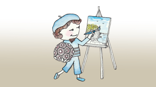A small figure in a beret stands at an easel, painting a cliff with a brush.