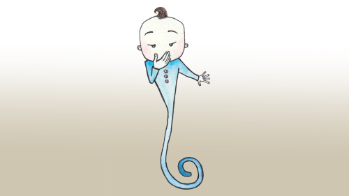 A small figure is amazed at their long worm-shaped lower body.