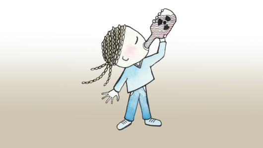 A small figure with a headdress drinks from a bottle with a radioactive symbol printed on it.