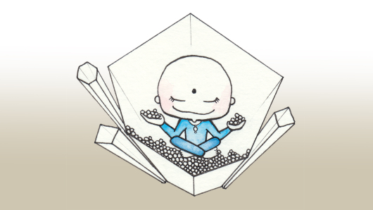 A small figure sits cross-legged meditating in the middle of a crystal.