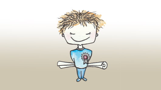 A small figure proudly holds a certificate behind their back and wears a badge on their chest.
